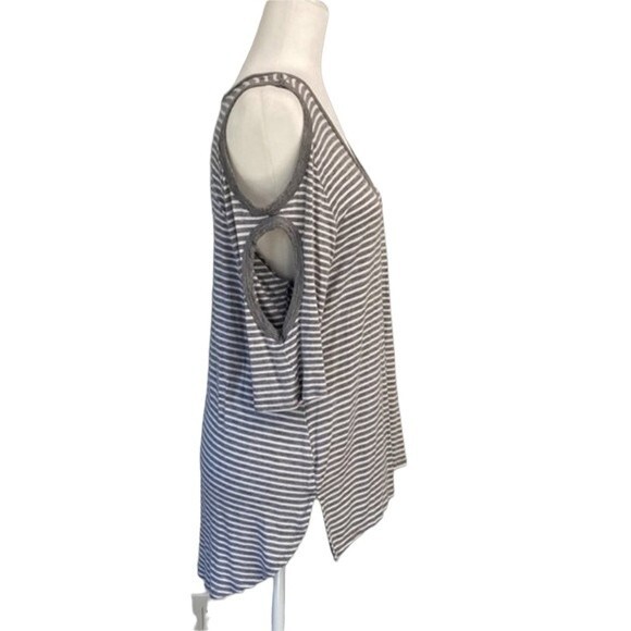 French Laundry V-Neck Stripe 3/4 Short Elbow Sleeve Tunic Tee Top High Low Slits - Picture 3 of 16